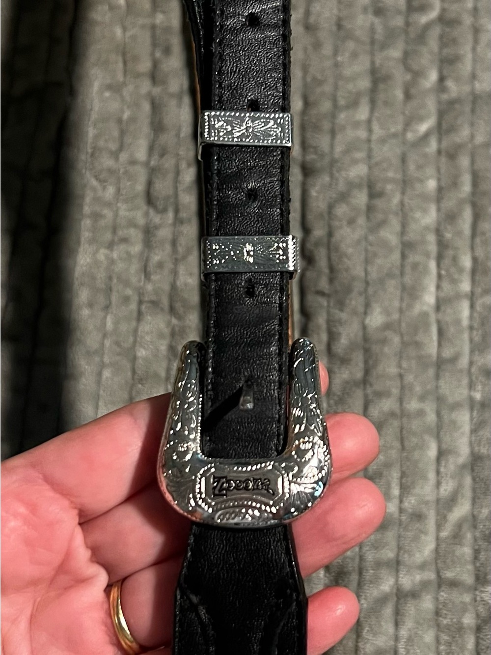 Macon’s Zoooz Black Leather Western-Style Belt with Ornate Silver Buckle